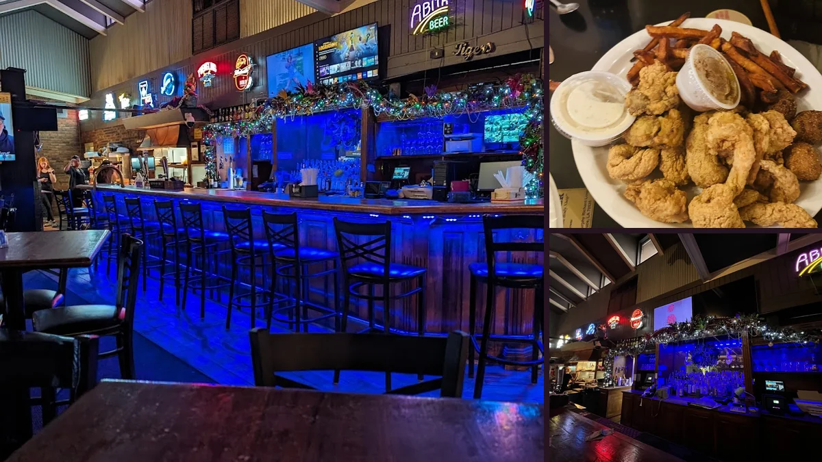 Casual dining room with sports bar seating.