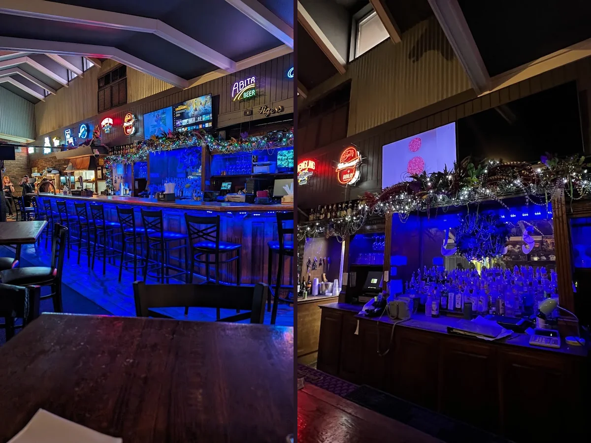 Casual dining room with sports bar seating.