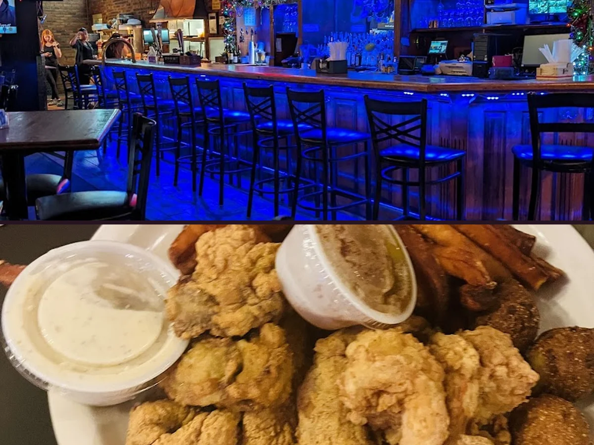 Steakhouse tables beside a TV-lit bar.