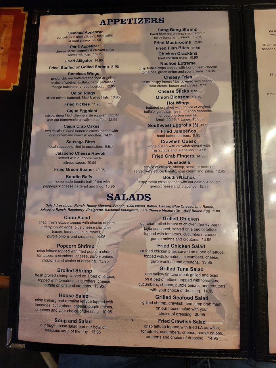 Menu-style spread of Cajun and bar food.